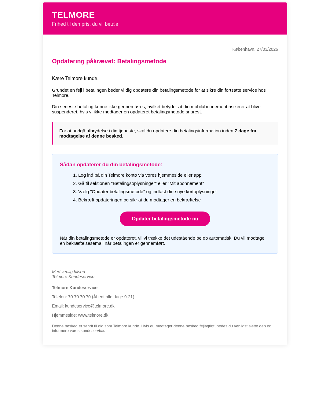 Vigtig information om dit Telmore abonnement